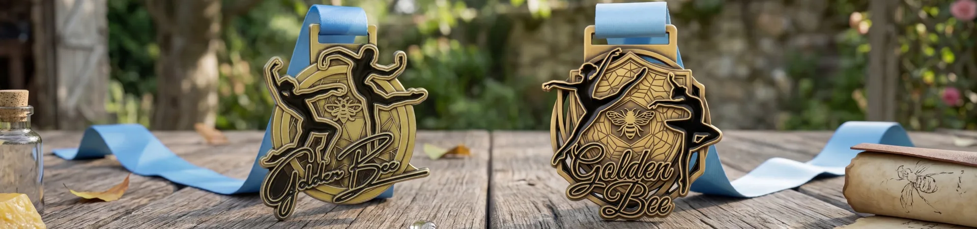 Két díszesen megmunkált, aranyszínű „Golden Bee" táncérem, egyedi táncos figurákkal és méhmotívumokkal, kék szalaggal, rusztikus kerti asztalon.